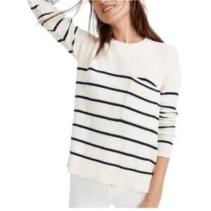 Madewell Nautical Stripe Oversized Pocket Pullover Sweater White Navy, size S